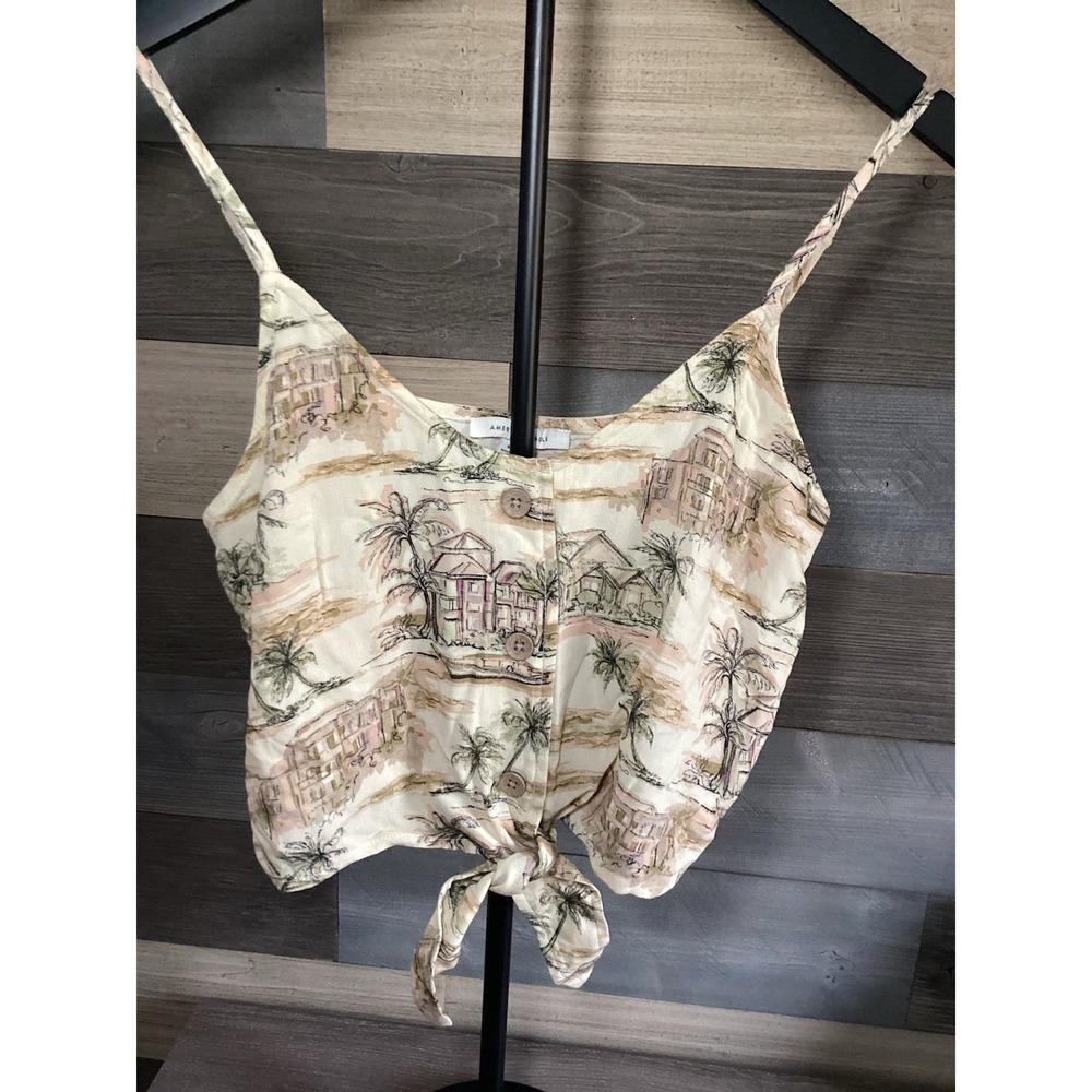 American Eagle Size Med Vacation Island Print Tie- Front Crop Top